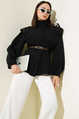 Pazarium - Kemerli Omuz Apoletli Ceket Siyah