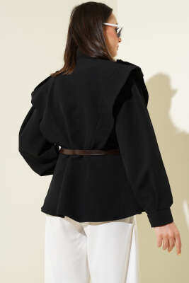 Kemerli Omuz Apoletli Ceket Siyah - Thumbnail