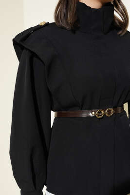 Kemerli Omuz Apoletli Ceket Siyah - Thumbnail