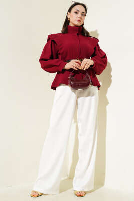 Kemerli Omuz Apoletli Ceket Bordo - Thumbnail