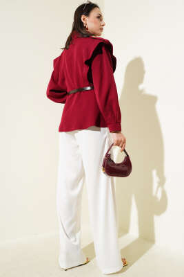 Kemerli Omuz Apoletli Ceket Bordo - Thumbnail
