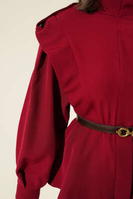 Kemerli Omuz Apoletli Ceket Bordo - Thumbnail