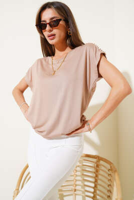 Omuz Taşlı T-shirt Latte - Thumbnail