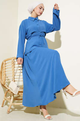 Pazarium - Parça Detaylı Kuşaklı Etekli Ayrobin Takım İndigo