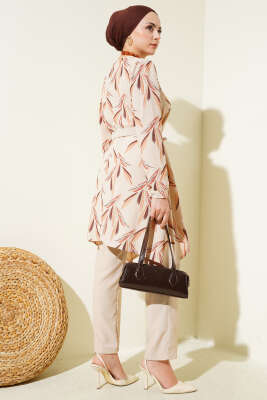 Desenli Kuşaklı Tunik İkili Takım Bej - Thumbnail