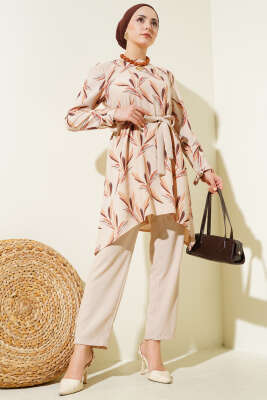 Desenli Kuşaklı Tunik İkili Takım Bej - Thumbnail