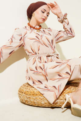 Desenli Kuşaklı Tunik İkili Takım Bej - Thumbnail