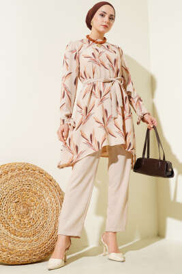 Desenli Kuşaklı Tunik İkili Takım Bej - Thumbnail