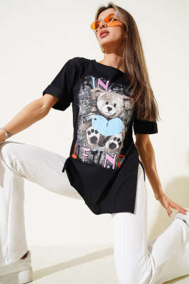 Ayıcık Baskılı Duble Kol T-shirt Siyah - Thumbnail