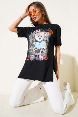 Ayıcık Baskılı Duble Kol T-shirt Siyah - Thumbnail