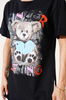 Ayıcık Baskılı Duble Kol T-shirt Siyah - Thumbnail