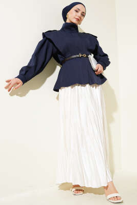 Kemerli Omuz Apoletli Ceket Lacivert - Thumbnail