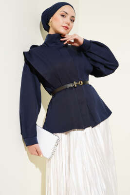 Kemerli Omuz Apoletli Ceket Lacivert - Thumbnail
