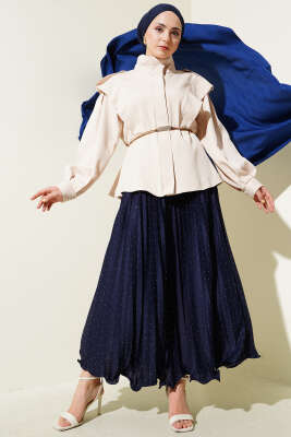 Kemerli Omuz Apoletli Ceket Bej - Thumbnail