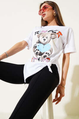 Pazarium - Ayıcık Baskılı Duble Kol T-shirt Beyaz