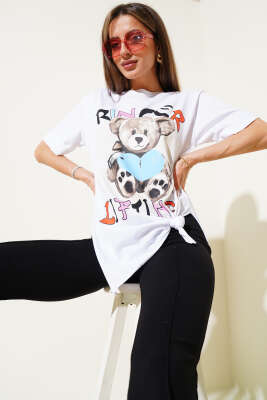 Ayıcık Baskılı Duble Kol T-shirt Beyaz - Thumbnail