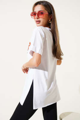 Ayıcık Baskılı Duble Kol T-shirt Beyaz - Thumbnail