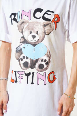 Ayıcık Baskılı Duble Kol T-shirt Beyaz - Thumbnail