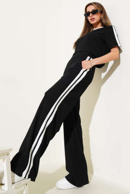 Pazarium - Şerit Detaylı Kısa Kol Ottoman İkili Takım Siyah