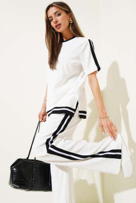 Pazarium - Şerit Detaylı Kısa Kol Ottoman İkili Takım Beyaz