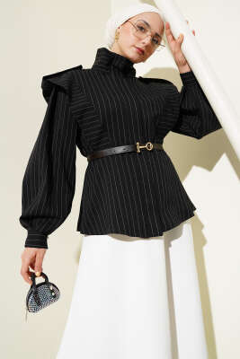 Pazarium - Çizgili Omuz Apoletli Kemerli Ceket Siyah