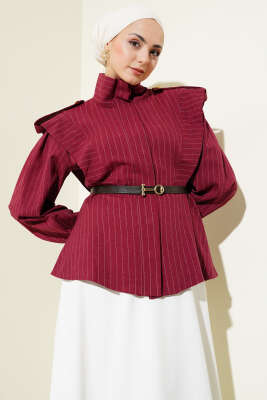 Pazarium - Çizgili Omuz Apoletli Kemerli Ceket Bordo