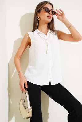 Pazarium - Sıfır Kol Gömlek Ekru