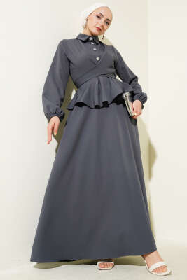 Pazarium - Taş Düğmeli Bağlamalı Etekli Takım Füme