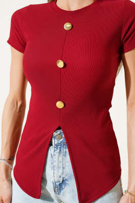 Gold Düğmeli Kısa Kol Bluz Bordo - Thumbnail