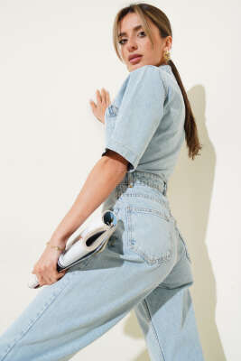 Çift Göğüs Cepli Düğmeli Kot Tulum Buz Mavisi - Thumbnail