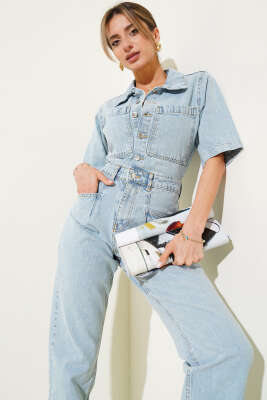 Çift Göğüs Cepli Düğmeli Kot Tulum Buz Mavisi - Thumbnail