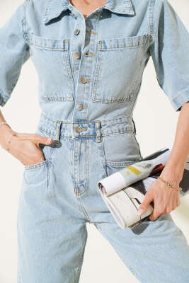 Çift Göğüs Cepli Düğmeli Kot Tulum Buz Mavisi - Thumbnail