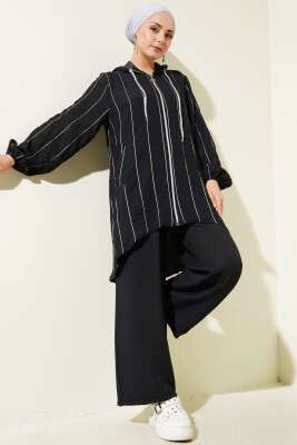 Pazarium - Sim Çizgili Kapüşonlu İkili Takım Siyah