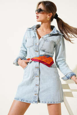 Pazarium - Boydan Metal Düğmeli Mini Kot Elbise Buz Mavisi