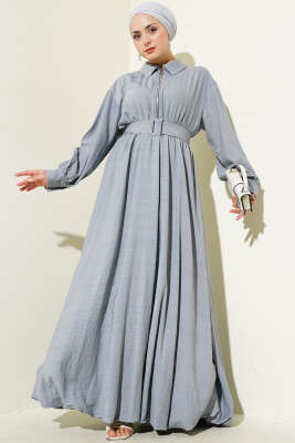 Pazarium - Yarım Fermuarlı Mevlana Elbise Gri