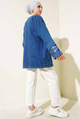 Çiçek Nakışlı Kot Kimono Mavi - Thumbnail