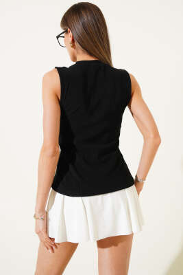 Gold Düğmeli Fitilli Bluz Siyah - Thumbnail