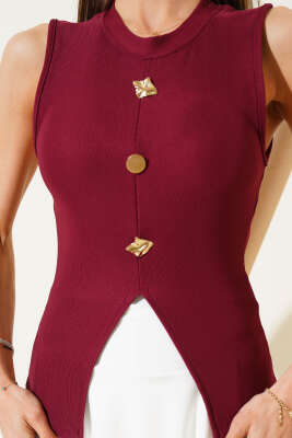 Gold Düğmeli Fitilli Bluz Bordo - Thumbnail