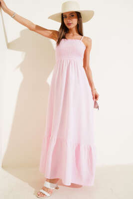 Pazarium - Gipeli İp Askılı Müslin Elbise Pembe