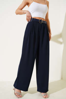 Pazarium - Kemerli Geniş Paça Salaş Pantolon Lacivert