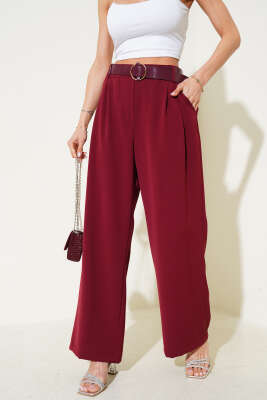 Pazarium - Kemerli Geniş Paça Salaş Pantolon Bordo