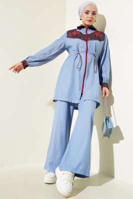 Pazarium - Bel Tünelli Nakış Garnili İkili Takım Mavi