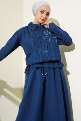 Desenli Çıtçıt Düğmeli Etekli Kot Takım Lacivert - Thumbnail