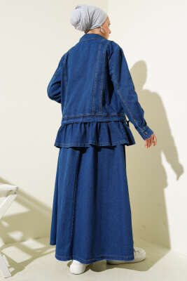 Desenli Çıtçıt Düğmeli Etekli Kot Takım Lacivert - Thumbnail