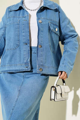 Metal Düğmeli Ceketli Etekli Kot Takım Mavi - Thumbnail