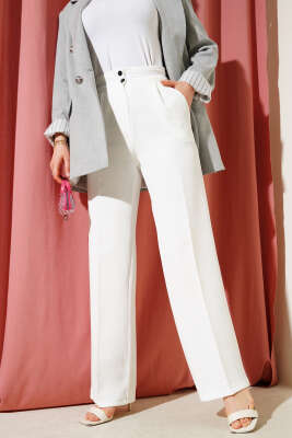 Bel Şeritli Düğmeli Palazzo Pantolon Beyaz - Thumbnail
