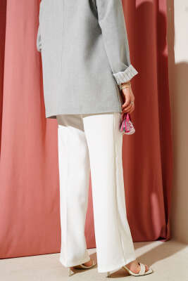 Bel Şeritli Düğmeli Palazzo Pantolon Beyaz - Thumbnail