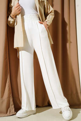 Pazarium - Geniş Bel Lastikli Çımalı Pantolon Beyaz