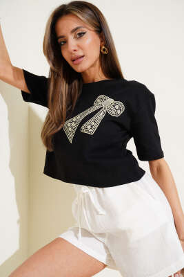 Fiyonk Baskılı T-Shırt Siyah - Thumbnail