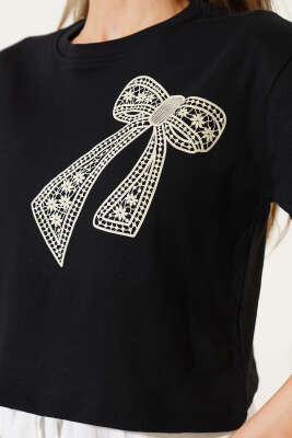 Fiyonk Baskılı T-Shırt Siyah - Thumbnail